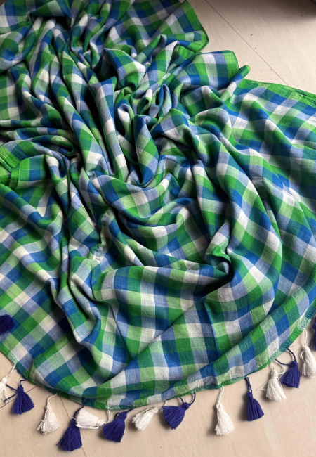 Pure Mul Cotton Saree – Blue & Green Checkered Elegance
