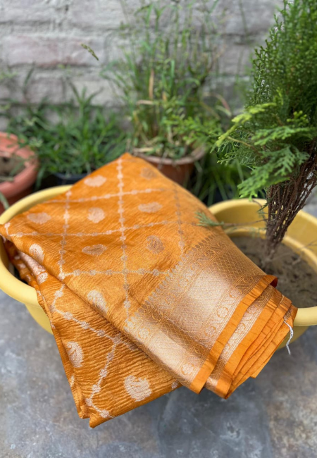 Mustard Premium Banarasi Tissue Crush Soft Saree with 30-Number Zari Weaving & Box Buti Design