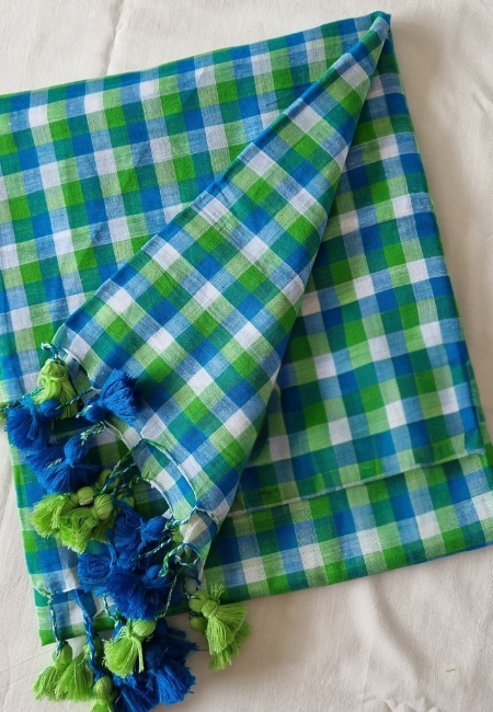 Pure Mul Cotton Saree – Blue & Green Checkered Elegance