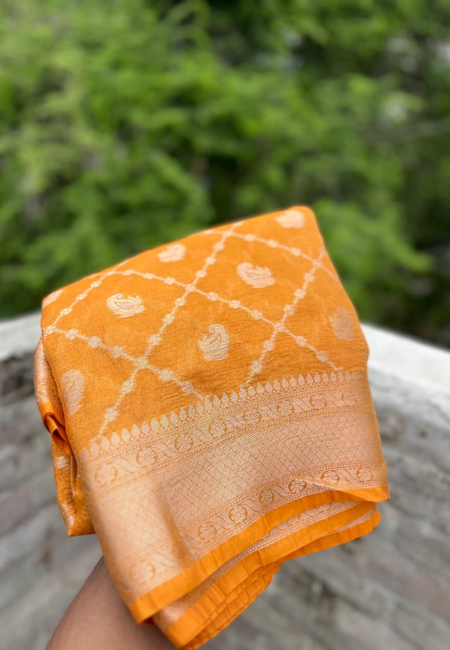 Mustard Premium Banarasi Tissue Crush Soft Saree with 30-Number Zari Weaving & Box Buti Design