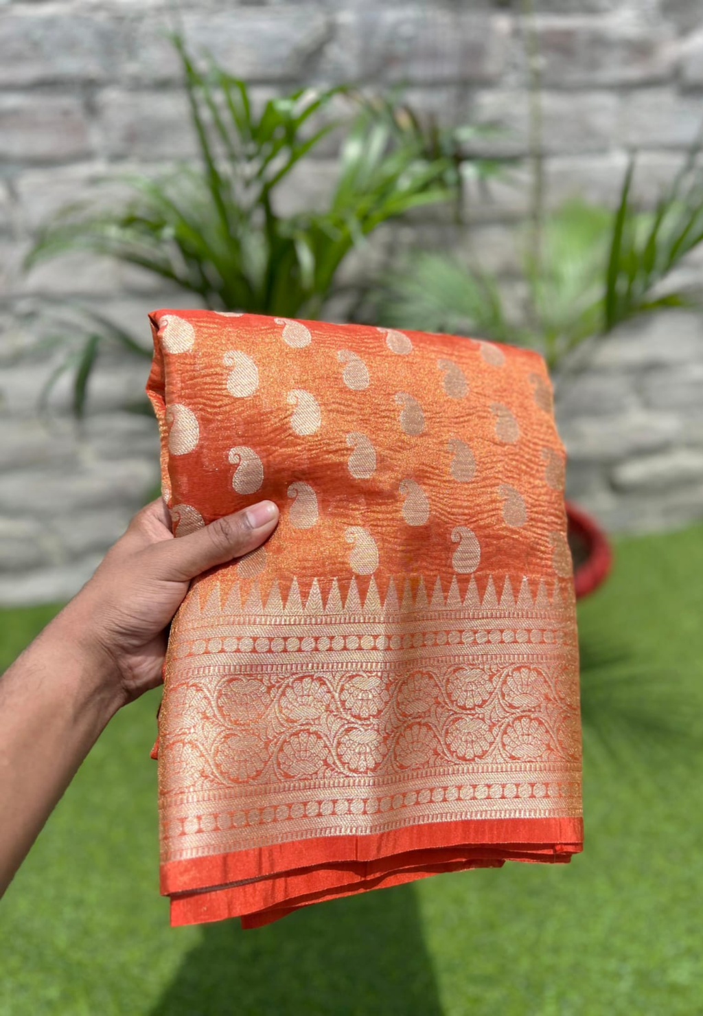 Orange Semi Tissue Silk Saree with Rich Woven Zari Border