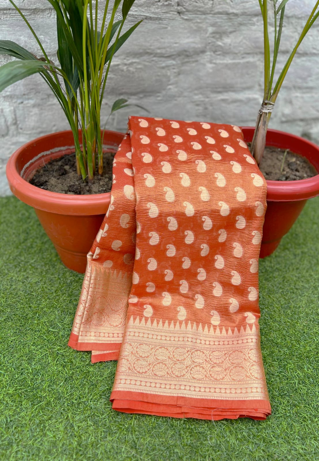 Orange Semi Tissue Silk Saree with Rich Woven Zari Border