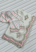 White Fandy Chiffon Saree with Pink & Golden Embroidery