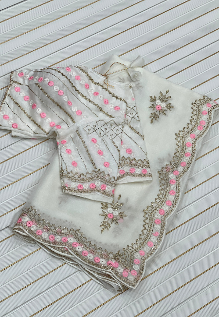 White Fandy Chiffon Saree with Pink & Golden Embroidery
