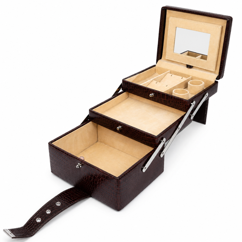 Luxury Brown Crocodile Leather Jewellery Vanity Box with Mirror, Multi-Layer Expandable Storage & Portable Travel Organizer (20.32 × 17.27 × 16.51 cm)