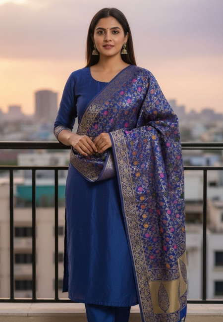 Unstitched Banarasi Soft Katan Silk Plain Suit in Royal Blue with Heavy Jaal Weaving Dupatta