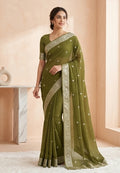 Olive Green Chiffon Party Wear Saree with Gold Jacquard Border & Elegant Bead Work