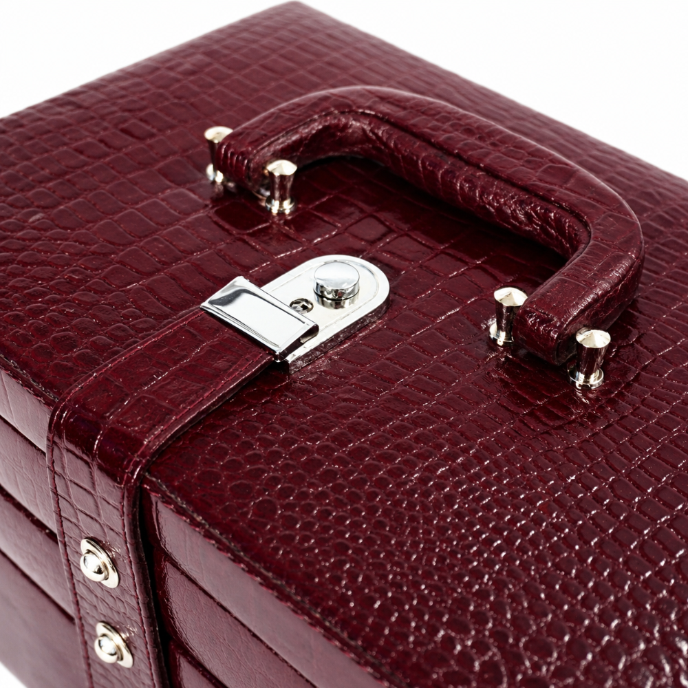 Luxury Cherry Red Crocodile Texture Leather Jewellery Box with Mirror, Multi-Layer Jewellery Storage Organizer for Rings, Earrings, Necklaces, Bracelets, Bangles & Watches (25.91 × 18.29 × 18.54 cm)