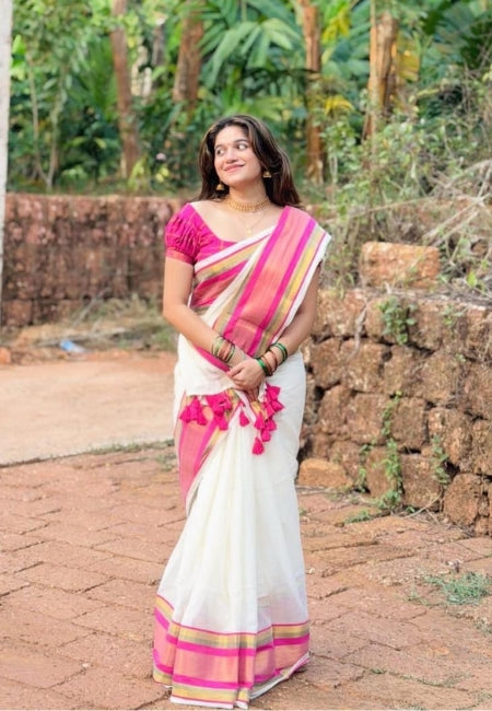 Elegant White Pure Mulmul Cotton Saree with Pink Border