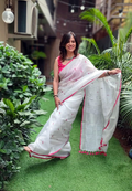 White Linen Saree with Pink Thread Embroidery & Border