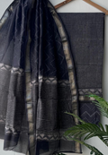 Unstitched Maheshwari Silk Hand Block Printed Suit in Classic Black