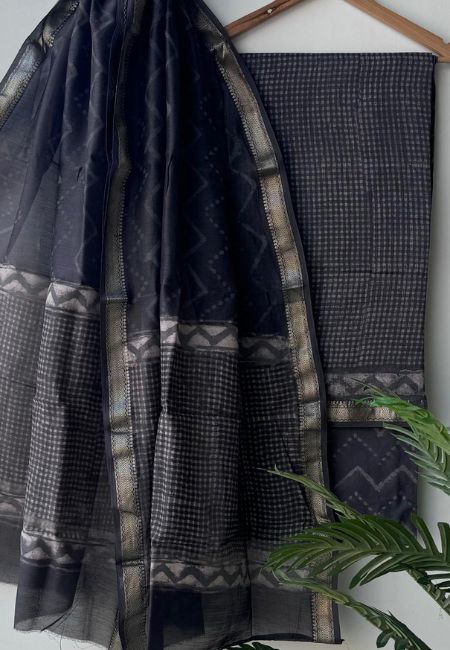 Unstitched Maheshwari Silk Hand Block Printed Suit in Classic Black