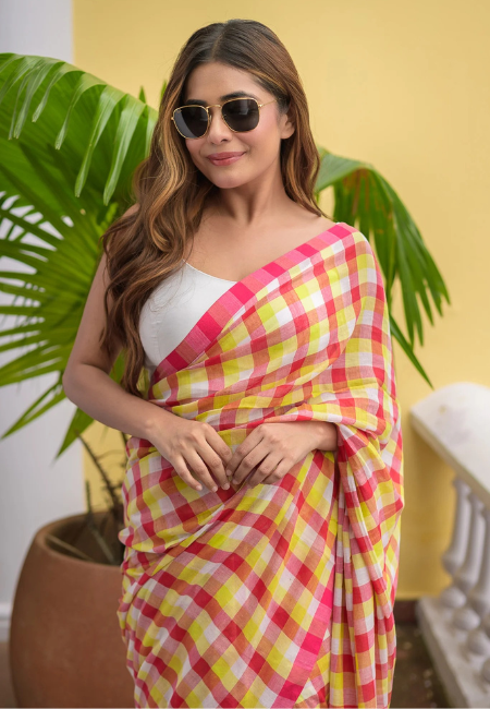 Pure Mul Cotton Saree – Pink & Yellow Checkered Charm