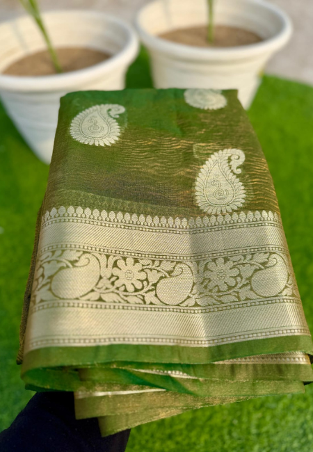 Olive Green Banarasi Cotton Tissue Silk Saree