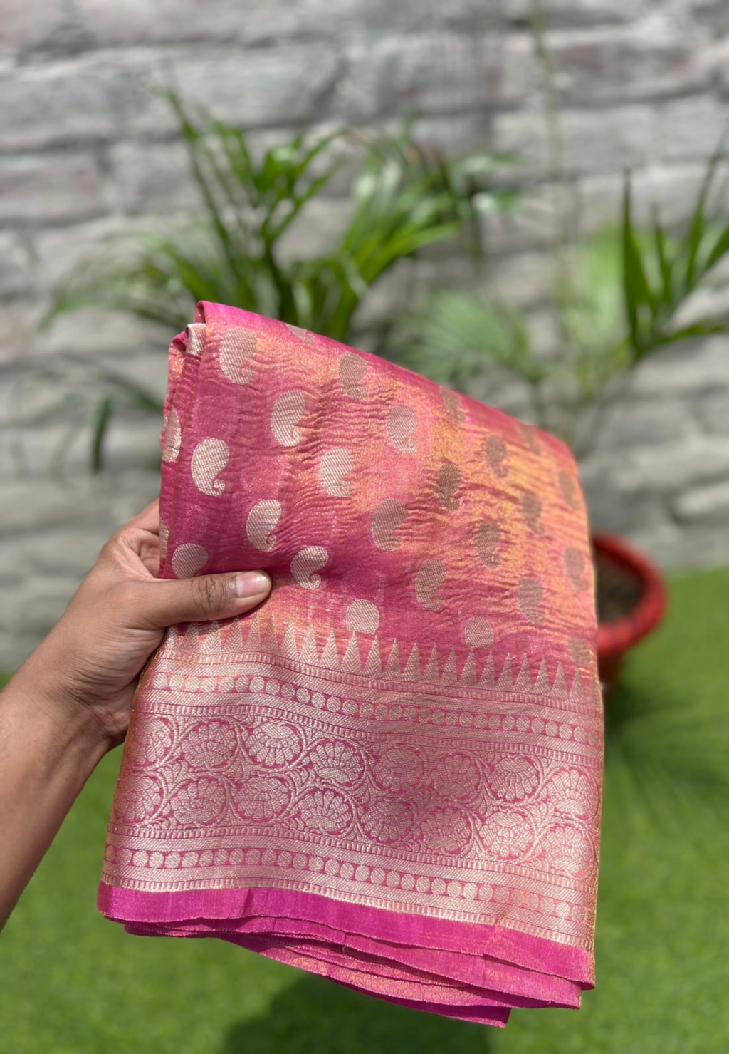 Pink Semi Tissue Silk Saree with Rich Woven Zari Border