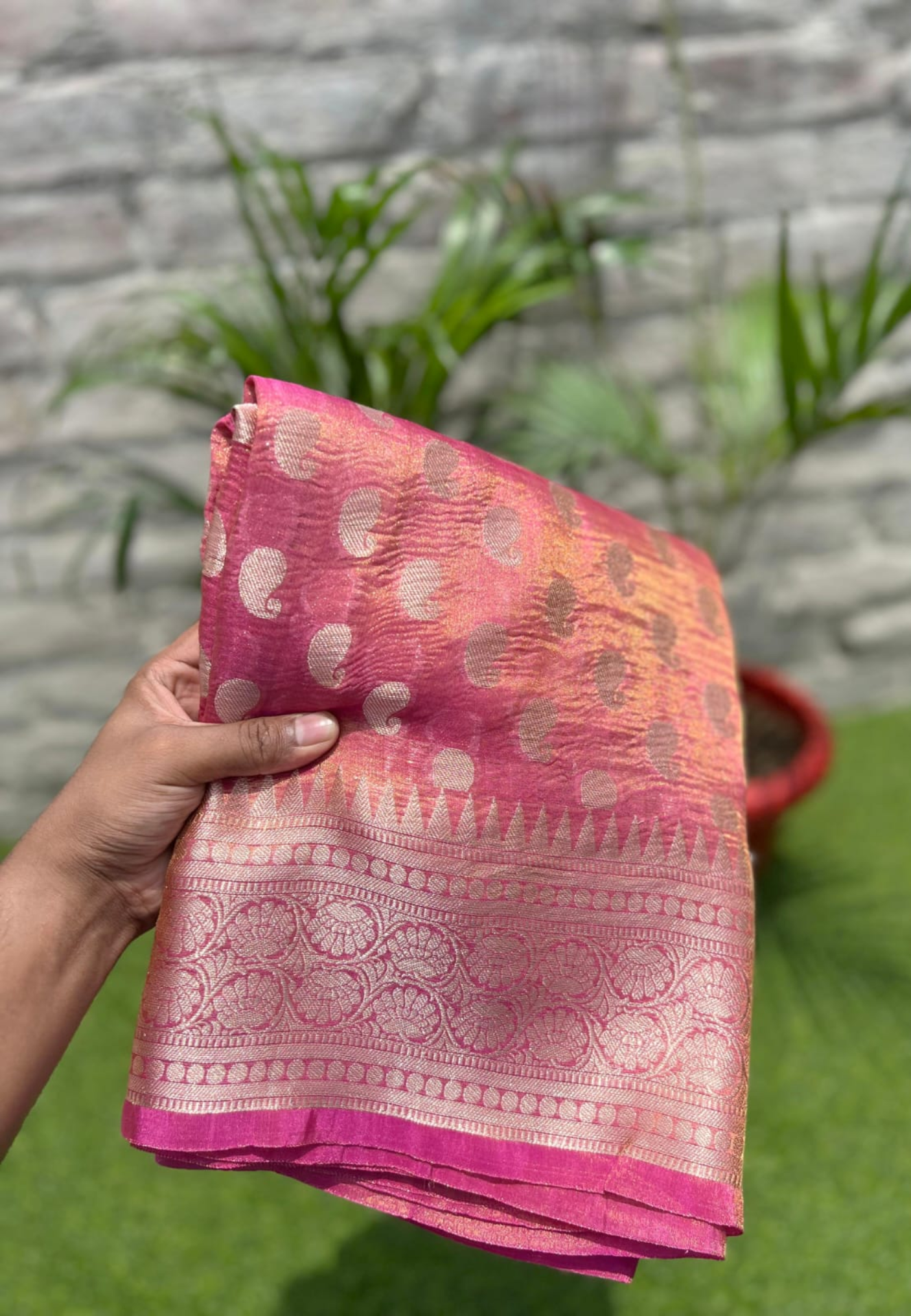 Pink Semi Tissue Silk Saree with Rich Woven Zari Border
