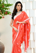 Coral Orange Pure Cotton Saree with Pink Border