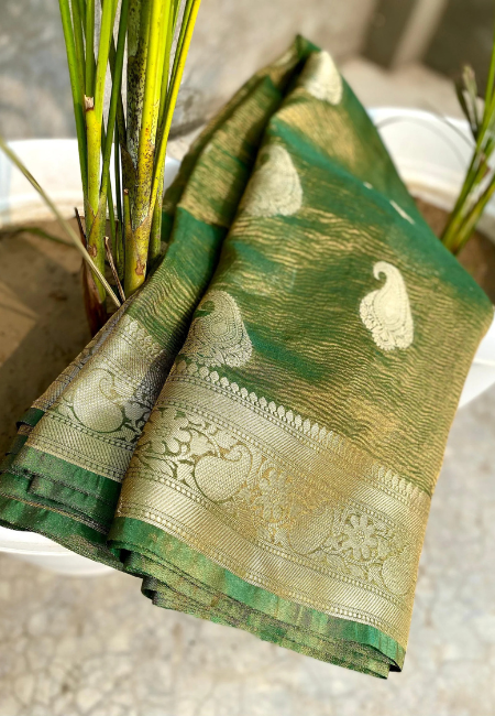 Olive Green Banarasi Cotton Tissue Silk Saree