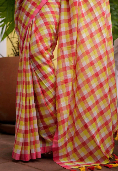 Pure Mul Cotton Saree – Pink & Yellow Checkered Charm