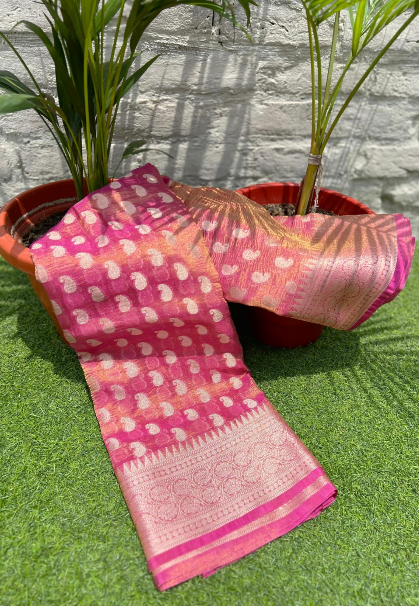 Pink Semi Tissue Silk Saree with Rich Woven Zari Border