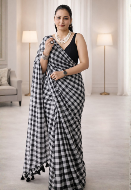Pure Mul Cotton Saree – Black & White Checkered Elegance