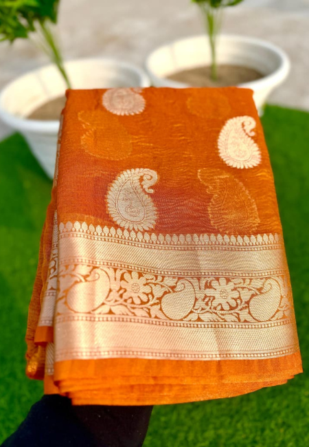 Radiant Burnt Orange Banarasi Cotton Tissue Silk Saree