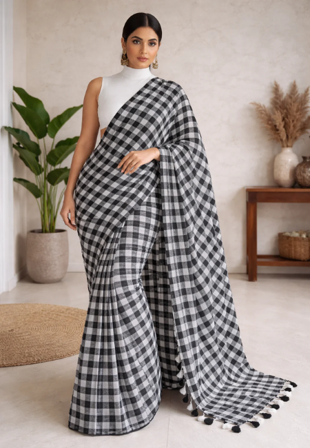 Pure Mul Cotton Saree – Black & White Checkered Elegance