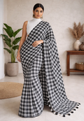 Pure Mul Cotton Saree – Black & White Checkered Elegance