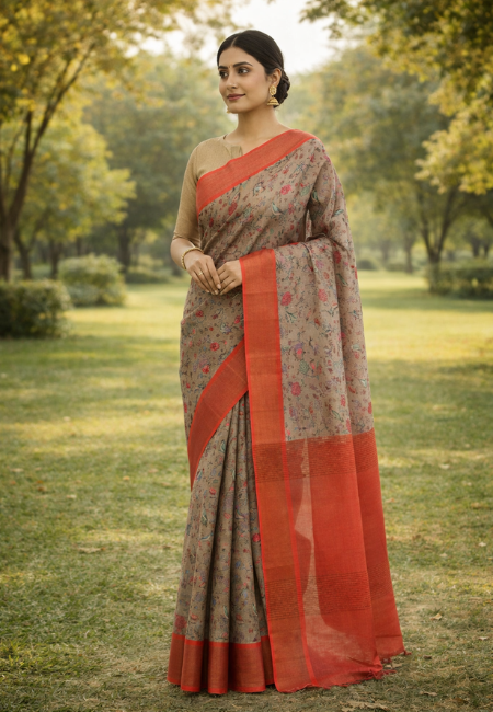 Pure Tussar Silk Handloom Saree – Beige with Rust Red Border