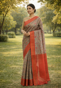 Pure Tussar Silk Handloom Saree – Beige with Rust Red Border