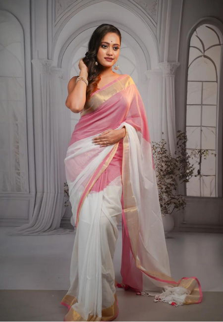 Soft Cotton Rainbow Mull Saree – Pink & White (No Blouse Piece)