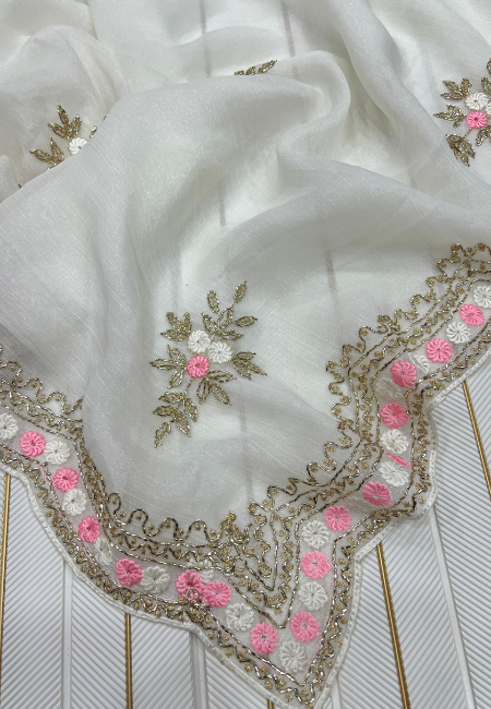 White Fandy Chiffon Saree with Pink & Golden Embroidery