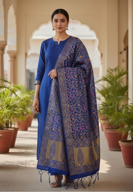 Unstitched Banarasi Soft Katan Silk Plain Suit in Royal Blue with Heavy Jaal Weaving Dupatta