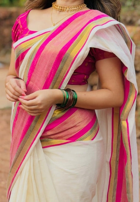 Elegant White Pure Mulmul Cotton Saree with Pink Border