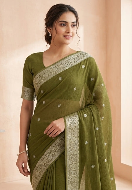 Olive Green Chiffon Party Wear Saree with Gold Jacquard Border & Elegant Bead Work