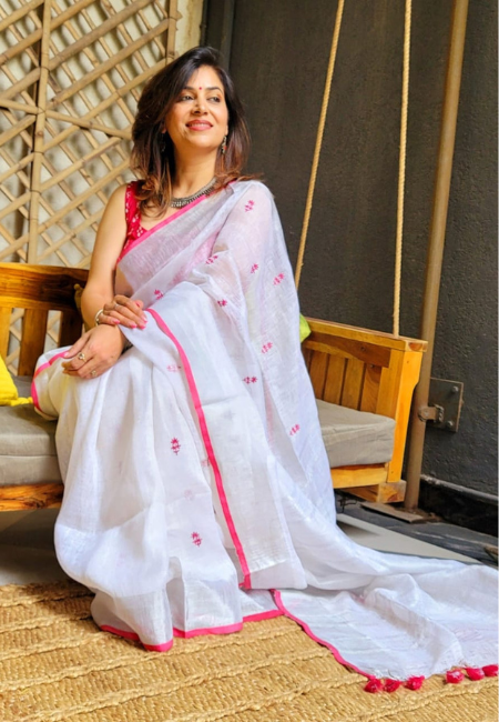 White Linen Saree with Pink Thread Embroidery & Border