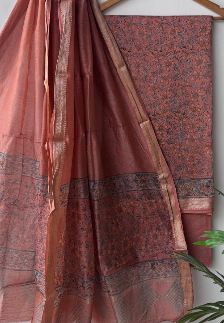 Unstitched Maheshwari Silk Hand Block Printed Suit in Deep Maroon Brown