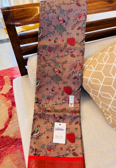 Pure Tussar Silk Handloom Saree – Beige with Rust Red Border