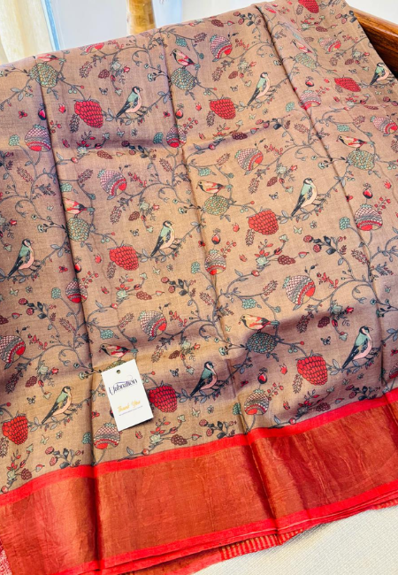Pure Tussar Silk Handloom Saree – Beige with Rust Red Border