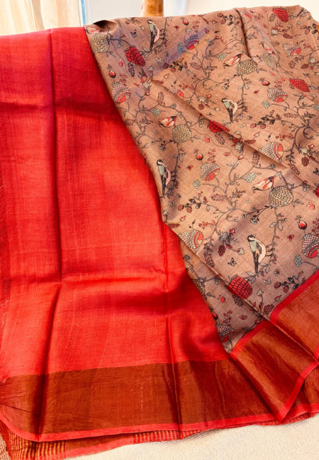 Pure Tussar Silk Handloom Saree – Beige with Rust Red Border