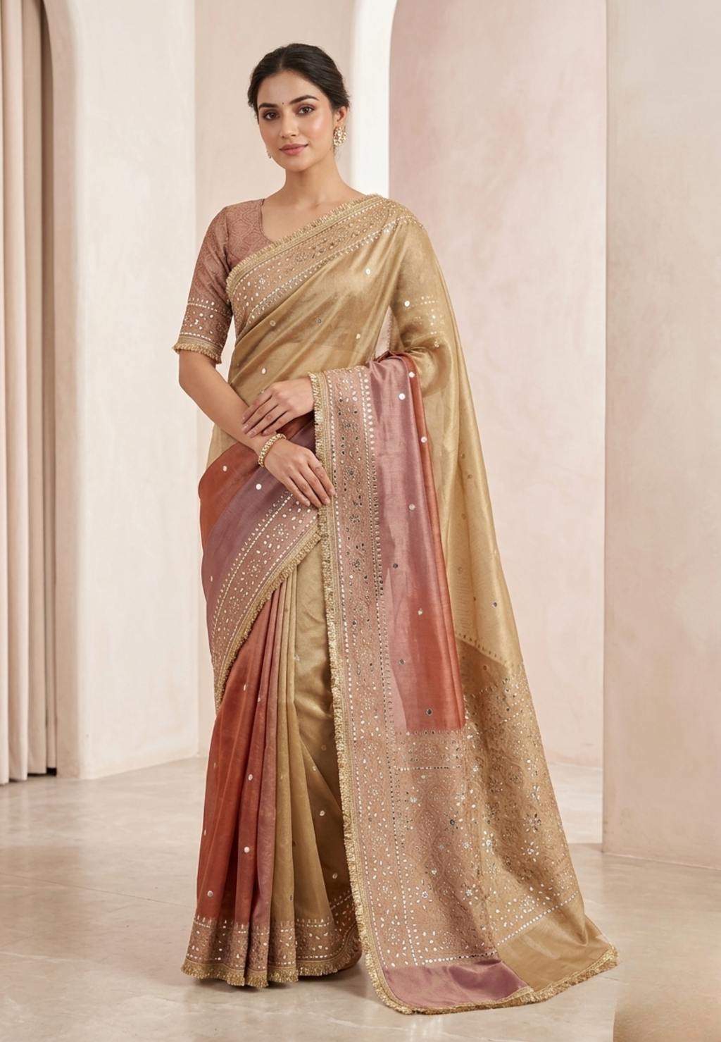 Beige Tissue Silk Saree with Rose Gold Contrast Pallu & Hand Embellished Border
