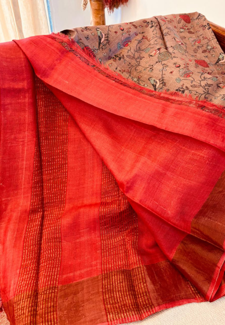 Pure Tussar Silk Handloom Saree – Beige with Rust Red Border
