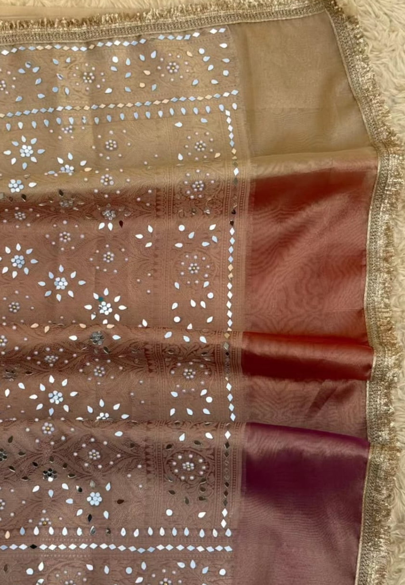 Beige Tissue Silk Saree with Rose Gold Contrast Pallu & Hand Embellished Border