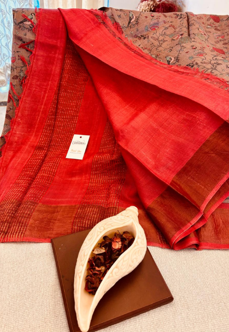Pure Tussar Silk Handloom Saree – Beige with Rust Red Border