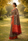 Pure Tussar Silk Handloom Saree – Earthy Brown with Red & Black Border