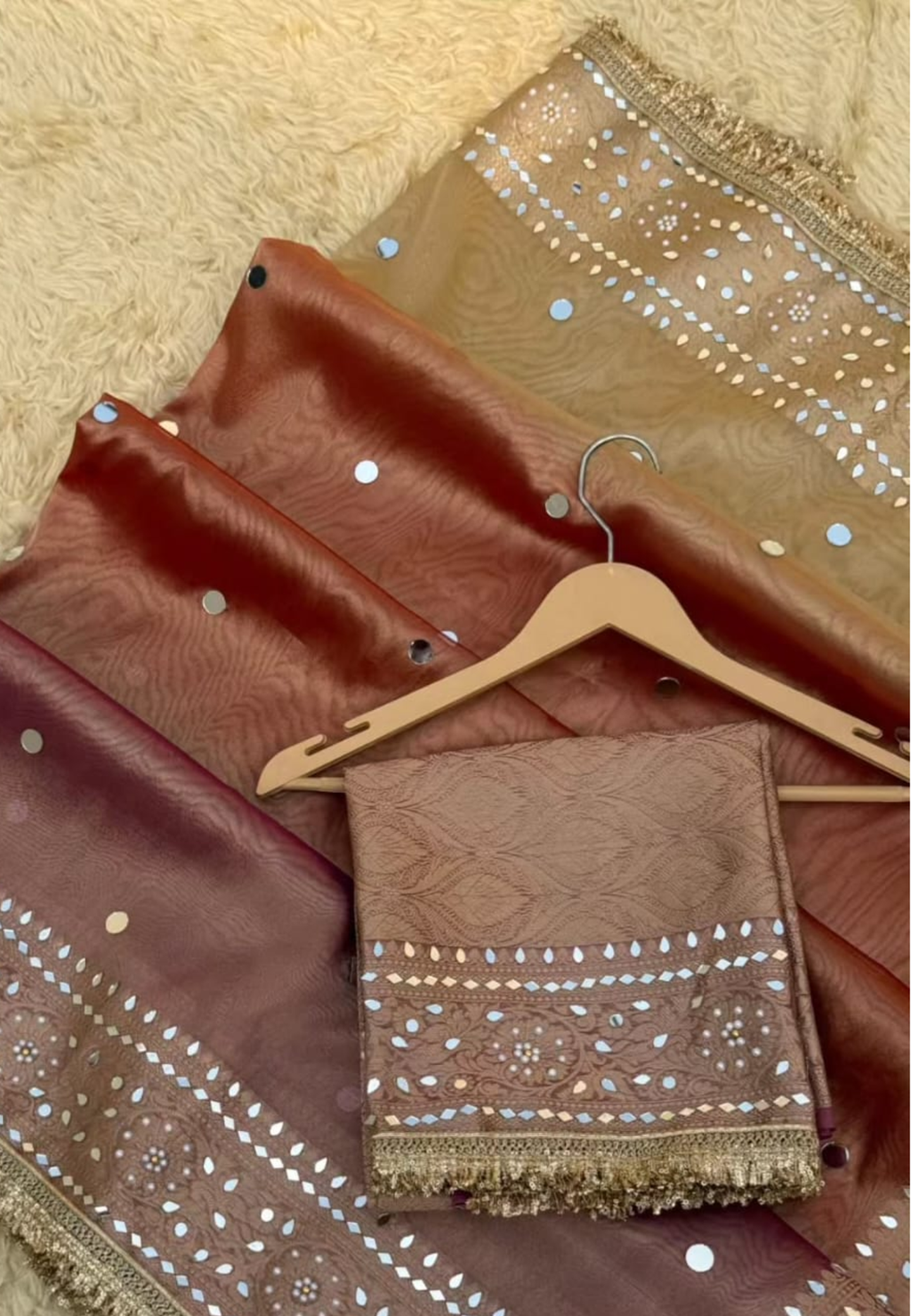 Beige Tissue Silk Saree with Rose Gold Contrast Pallu & Hand Embellished Border