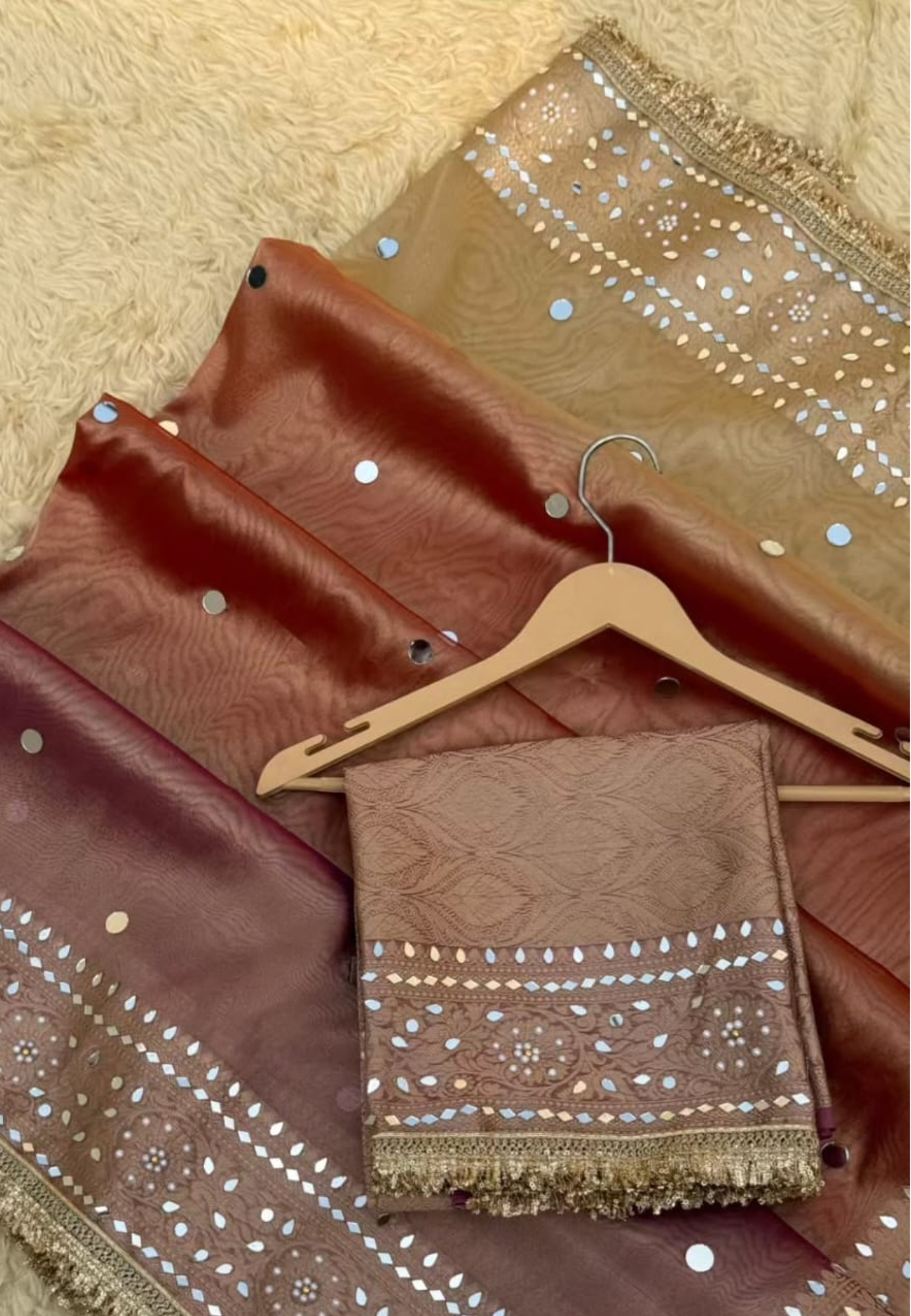 Beige Tissue Silk Saree with Rose Gold Contrast Pallu & Hand Embellished Border