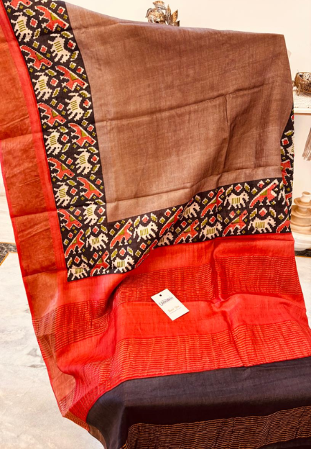Pure Tussar Silk Handloom Saree – Earthy Brown with Red & Black Border