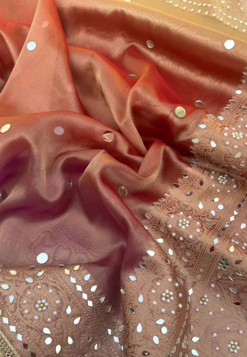 Beige Tissue Silk Saree with Rose Gold Contrast Pallu & Hand Embellished Border