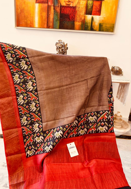 Pure Tussar Silk Handloom Saree – Earthy Brown with Red & Black Border